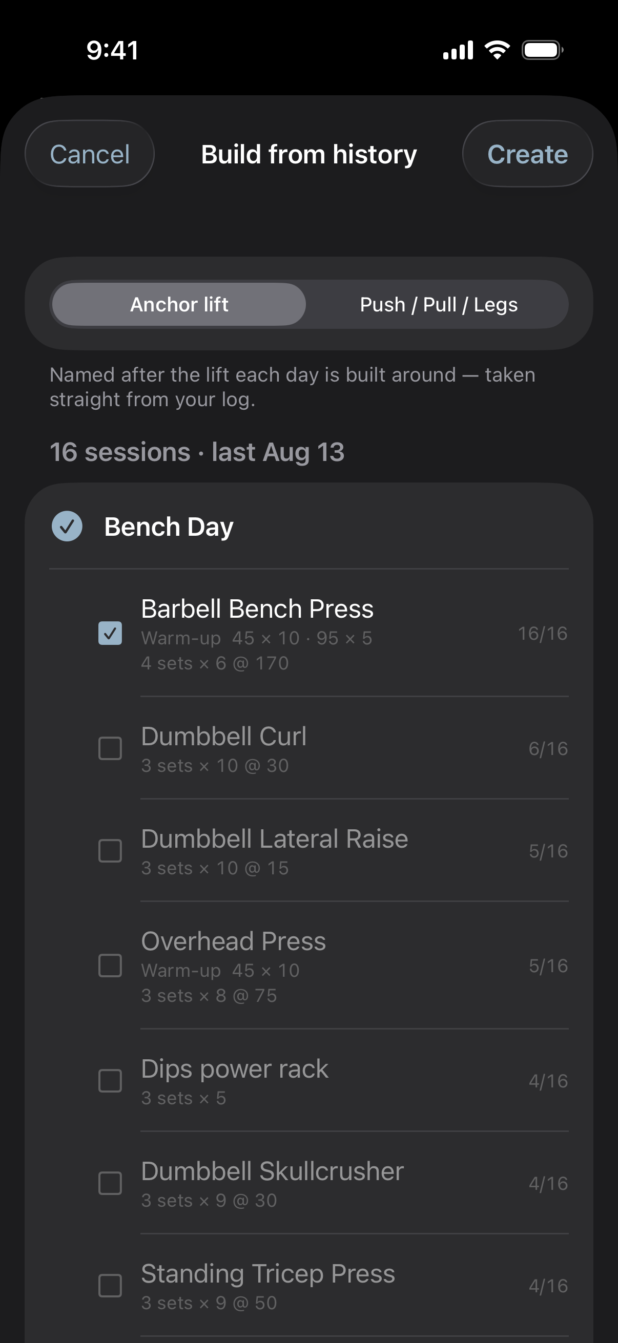 The Build from history screen
