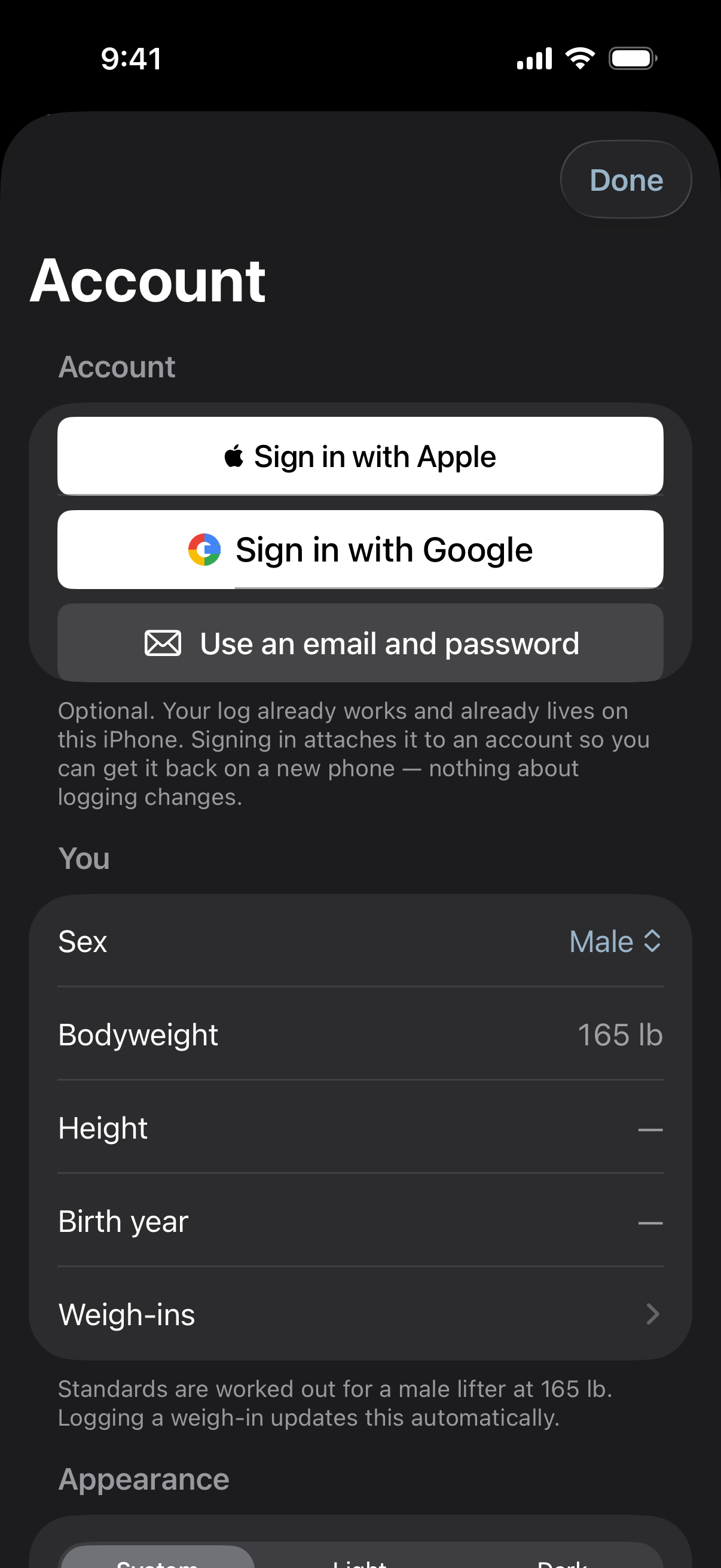 The Settings screen