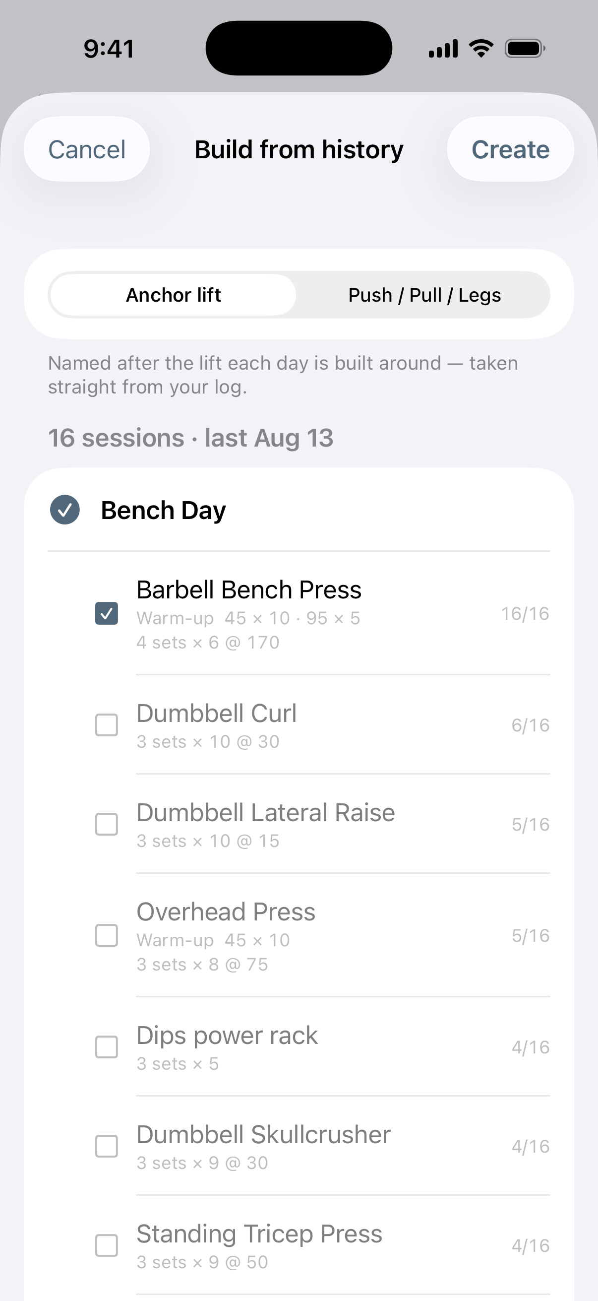 The Build from history screen