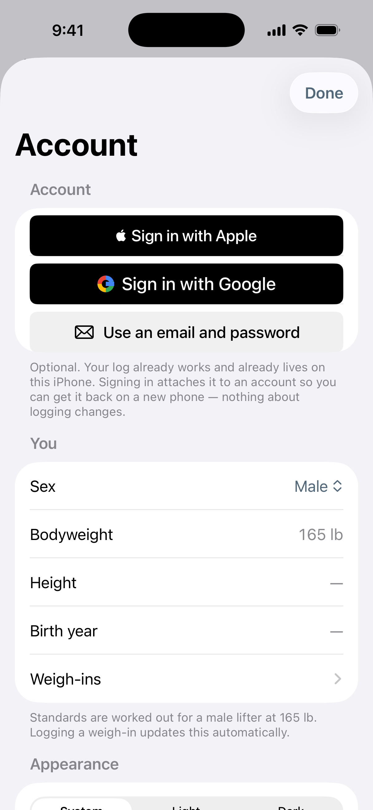 The Settings screen