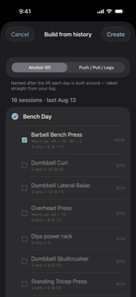 The Build from history screen